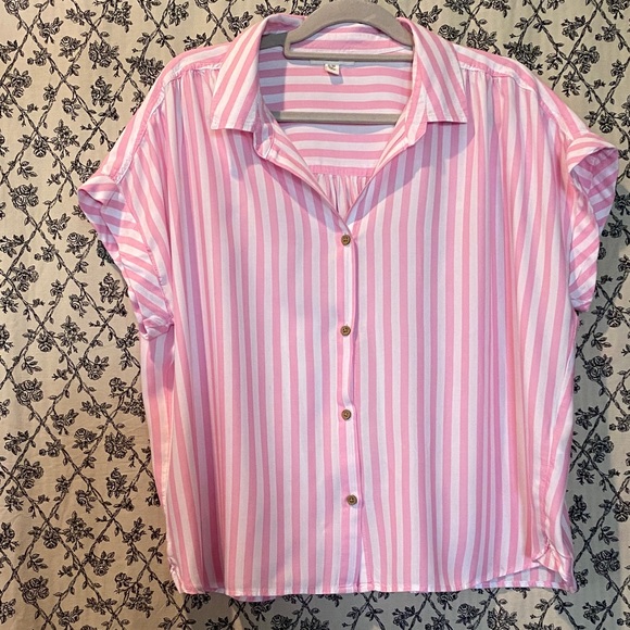 beachlunchlounge Tops - beachlunchlounge Pink and White Striped Button Down Shirt